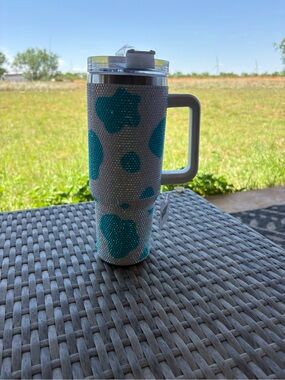 Turquoise and White Rhinestone Travel Mug with Handle